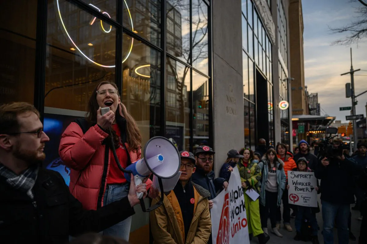 Members of the Alphabet Workers Union hold a rally outside the Google office in response to recent layoffs, in New York on Feb. 2, 2023. (Ed Jones/AFP via Getty Images)