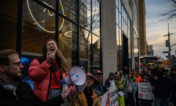 Members of the Alphabet Workers Union hold a rally outside the Google office in response to recent layoffs, in New York on Feb. 2, 2023. (Ed Jones/AFP via Getty Images)