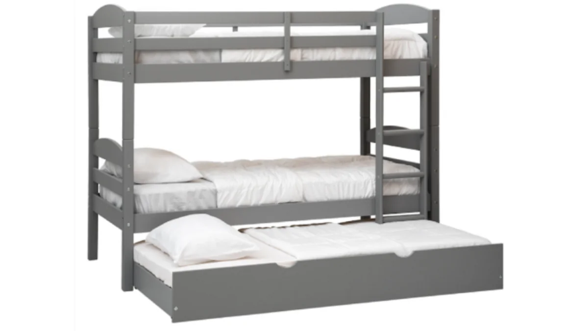 Recalled Walker Edison Furniture solid wood twin-over-twin bunk bed + storage/trundle bed in gray. (Courtesy of Consumer Product Safety Commission)