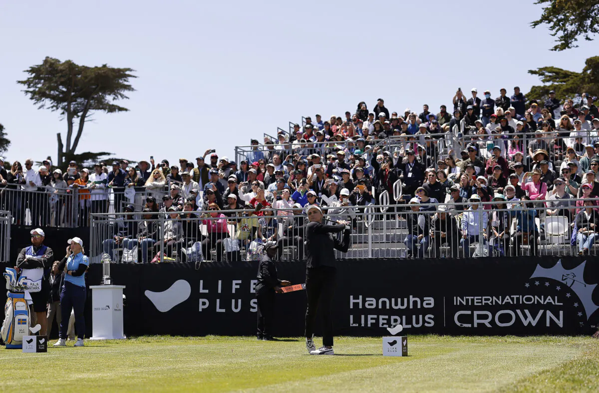 Lexi Thompson of Team United States plays her shot from the first tee during her consolation match in the Hanwha LIFEPLUS International Crown at TPC Harding Park in San Francisco on May 7, 2023. (Mike Mulholland/Getty Images)