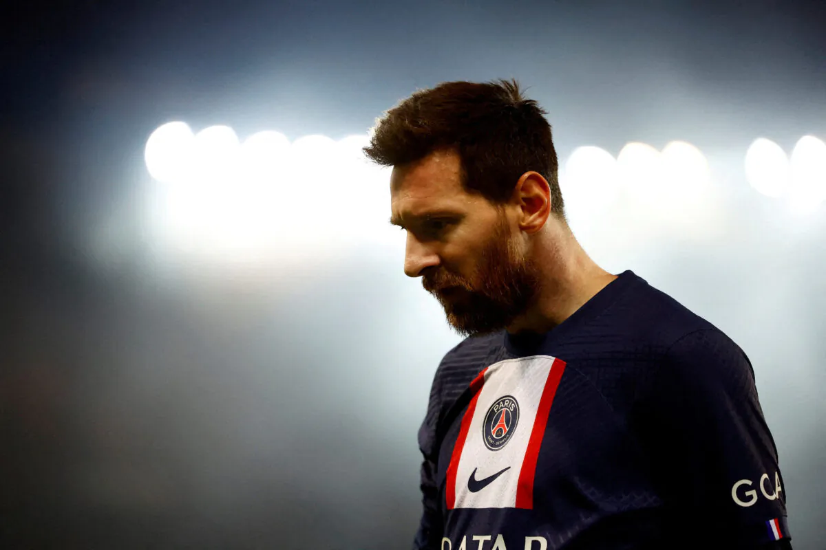 Paris St. Germain's Lionel Messi reacts during Champions League Round of 16 First Leg—Paris St. Germain vs. Bayern Munich, at Parc des Princes stadium, in Paris, on Feb. 14,2023 (Reuters/Sarah Meyssonnier)