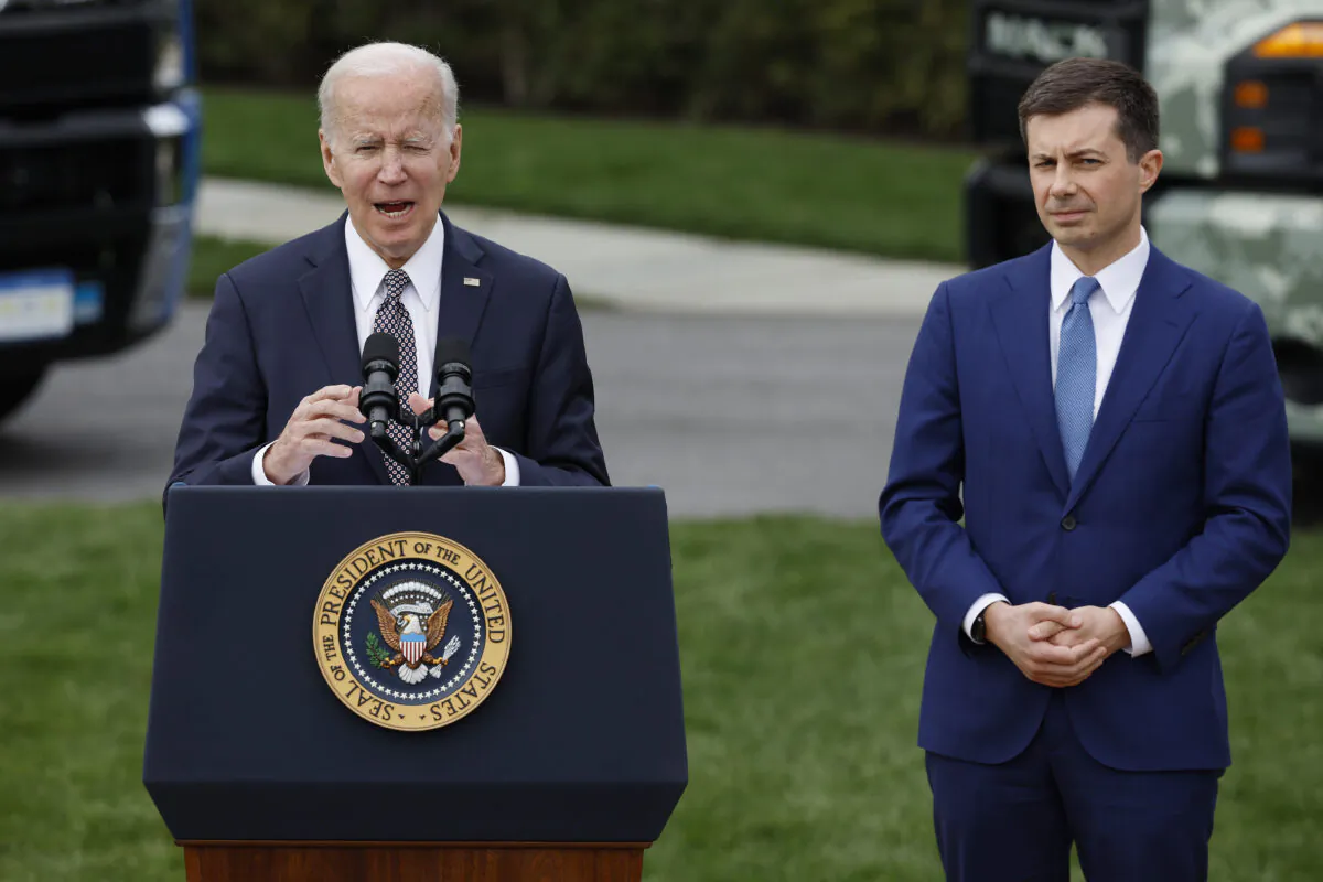 President Joe Biden delivers remarks with Transportation Secretary Pete Buttigieg on the South Lawn of the White House in Washington, on April 4, 2022. (Chip Somodevilla/Getty Images)
