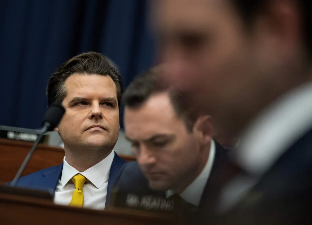 Rep. Matt Gaetz (R-Fla.) looks on during a House Armed Services Committee hearing on the defense budget request on Capitol Hill in Washington on March 29, 2023. (Andrew Caballero-Reynolds/AFP via Getty Images)