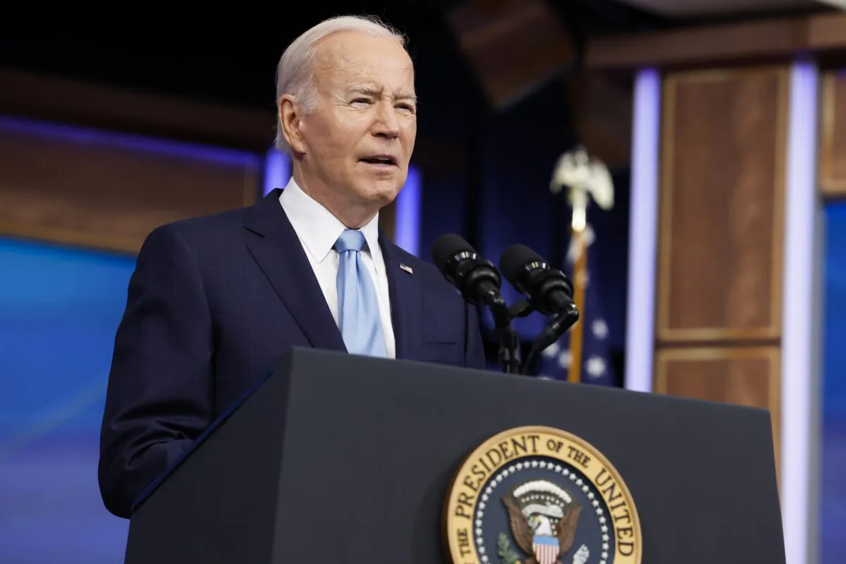 President Joe Biden gives remarks on new airline regulations his administration is pursuing during an event in the South Court Auditorium in the White House on May 8, 2023. (Anna Moneymaker/Getty Images)