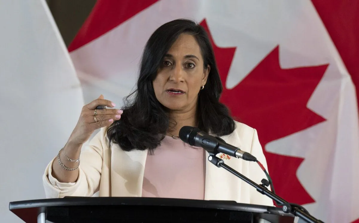 Minister of Defence Anita Anand responds to a question during a joint news conference with Polish Deputy Prime Minister and Minister of National Defence Mariusz Błaszczak at National Defence Headquarters, in Ottawa, May 8, 2023. (The Canadian Press/Adrian Wyld)
