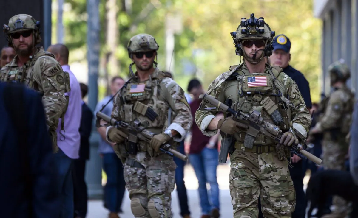 U.S. Marshals security police stand on duty at the Brooklyn Federal Court in New York on July 17, 2019. (Johannes Eisele/AFP via Getty Images)