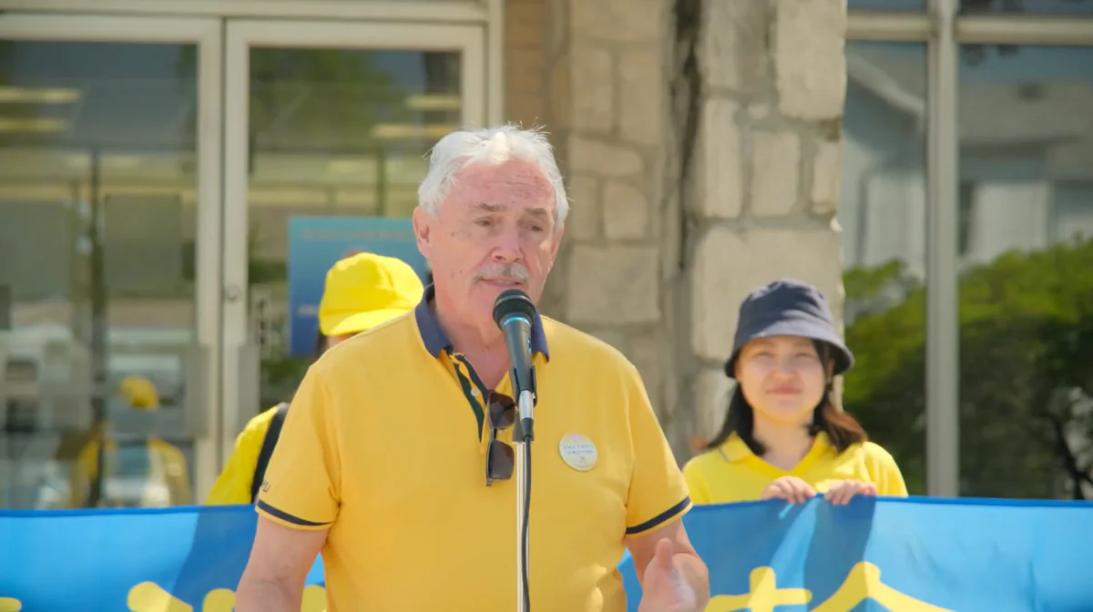 Michael Prue, mayor of Amherstburg, Ont., speaks at the World Falun Dafa Day flag-raising ceremony at the municipal building on May 5, 2023. (NTD screenshot via The Epoch Times)

