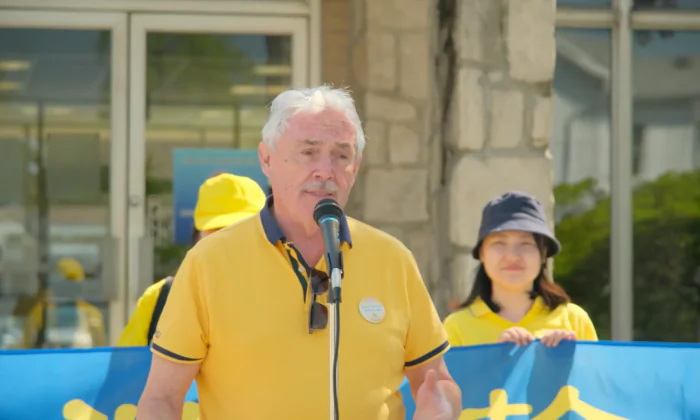 Michael Prue, mayor of Amherstburg, Ont., speaks at the World Falun Dafa Day flag-raising ceremony at the municipal building on May 5, 2023. (NTD screenshot via The Epoch Times)
