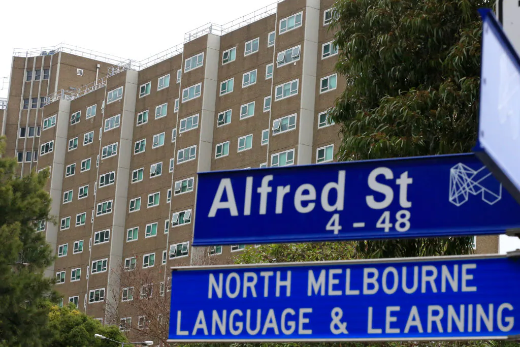 A general view of the Public Housing tower in Alfred Street North Melbourne on July 11, 2020 in Melbourne, Australia. (Darrian Traynor/Getty Images)