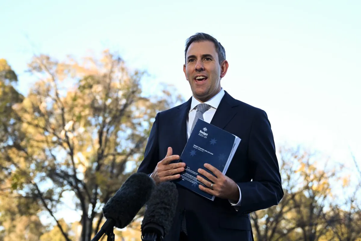 Australian Treasurer Jim Chalmers speaks to the media during a doorstop at Parliament House in Canberra, Australia, on May 9, 2023. (AAP Image/Lukas Coch)