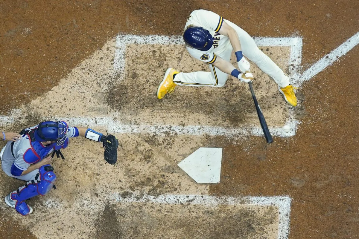 Milwaukee Brewers' Joey Wiemer hits an RBI double during the seventh inning of a baseball game against the Los Angeles Dodgers in Milwaukee on May 8, 2023. (Morry Gash/AP Photo)