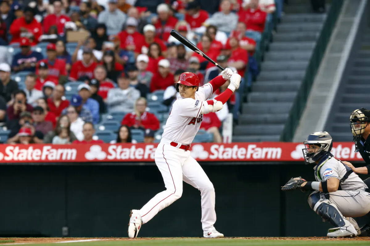 Shohei Ohtani (17) of the Los Angeles Angels at bat against the Houston Astros in the first inning at Angel Stadium of Anaheim in Anaheim, Calif., on on May 8, 2023. (Ronald Martinez/Getty Images)