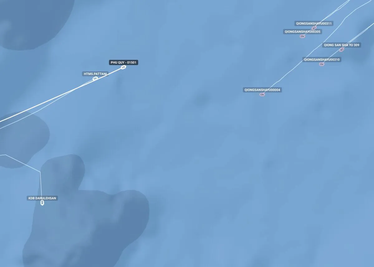 Ship tracking data shows Brunei, Thai, and Vietnamese ships that are set to be passed by a group of Chinese ships headed south toward the vicinity of the ASEAN-India Maritime Exercise formation inside Vietnam's exclusive economic zone on May 8, 2023. (Screenshot via The Epoch Times/Ray Powell/Twitter)