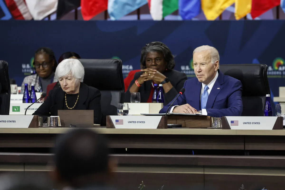 U.S President Joe Biden delivers remarks alongside U.S. Treasury Secretary Janet Yellen at a closing session on food security at the U.S.-Africa Leaders Summit in Washington on Dec. 15, 2022. (Anna Moneymaker/Getty Images)