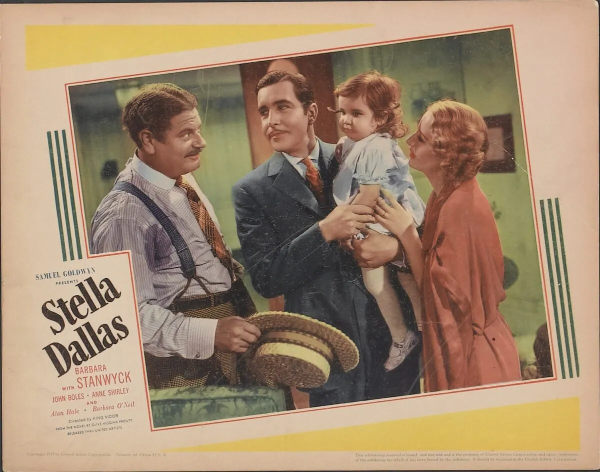 Lobby card featuring Ed (Alan Hale), Stephen Dallas (John Boles). Laurel, and Stella (Barbara Stanwyck) in "Stella Dallas." (MovieStillsDB)