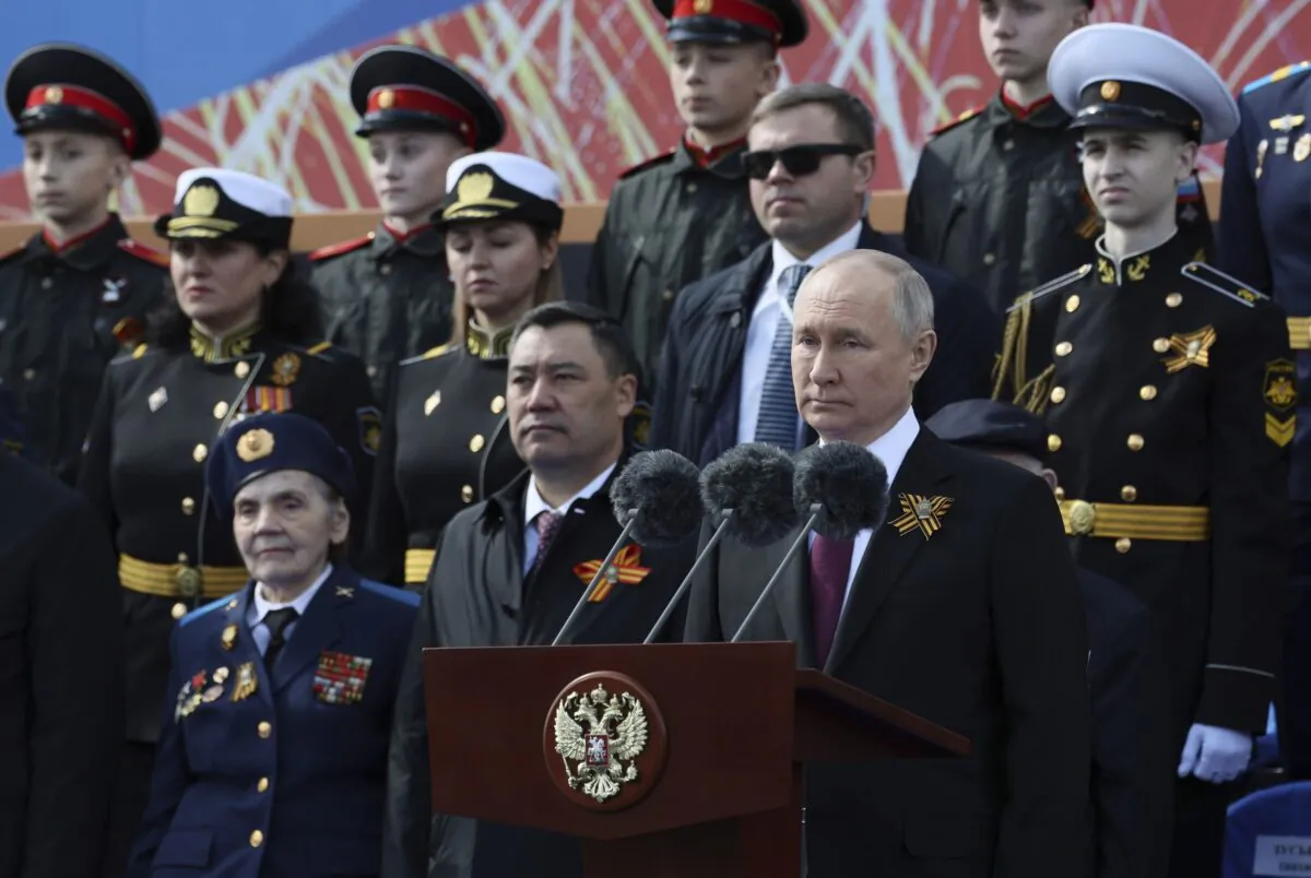 Russian President Vladimir Putin delivers his speech during the Victory Day military parade marking the 78th anniversary of the end of World War II in Red square in Moscow on May 9, 2022. (Gavriil Grigorov, Sputnik, Kremlin Pool Photo via AP)