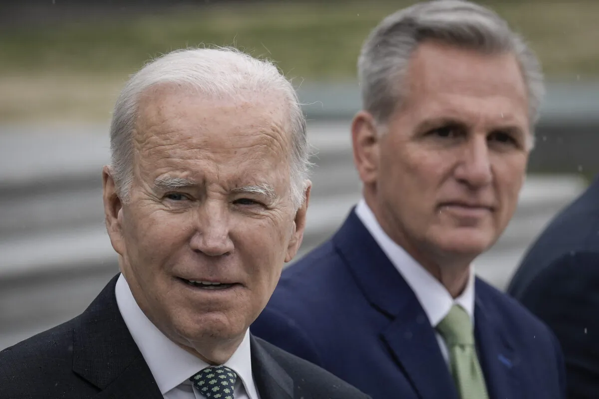 President Joe Biden and House Speaker Kevin McCarthy (R-Calif.) depart the U.S. Capitol following the Friends of Ireland Luncheon on Saint Patrick's Day, in Washington on March 17, 2023. (Drew Angerer/Getty Images)