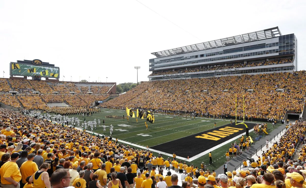 Fans cheer before an NCAA college football game between Iowa and North Texas at Kinnick Stadium in Iowa City, Iowa, on Sept. 16, 2017. (Charlie Neibergall/AP Photo)