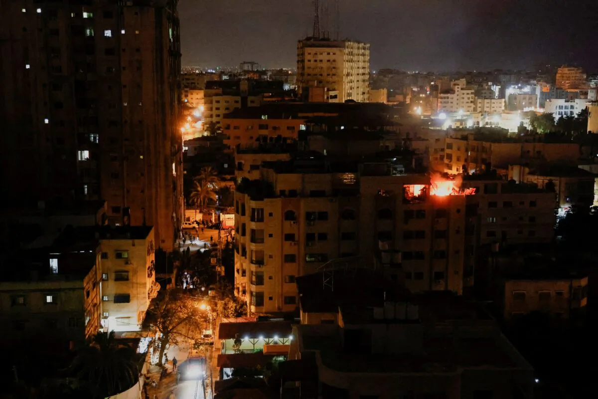 A fire burns after the Israeli military struck Islamic Jihad targets, it said in a statement, in Gaza on May 9, 2023. (Mohammed Salem/Reuters)