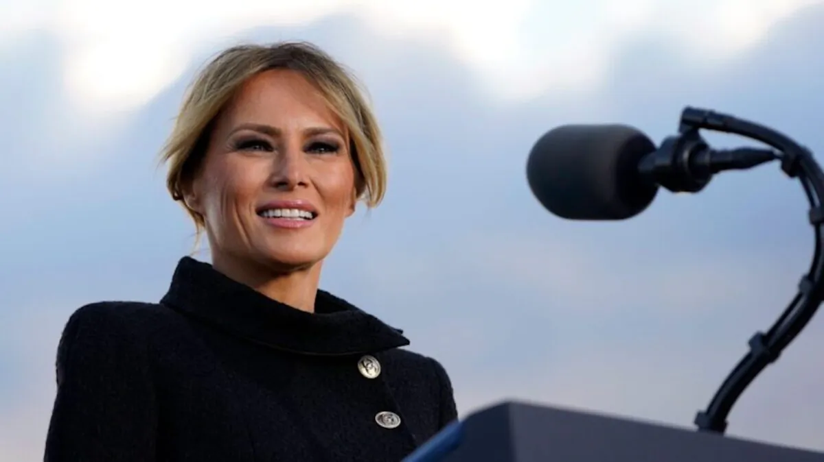 First Lady Melania Trump speaks before boarding Air Force One at Joint Base Andrews in Maryland, on Jan. 20, 2021. (Alex Edelman/AFP via Getty Images)
