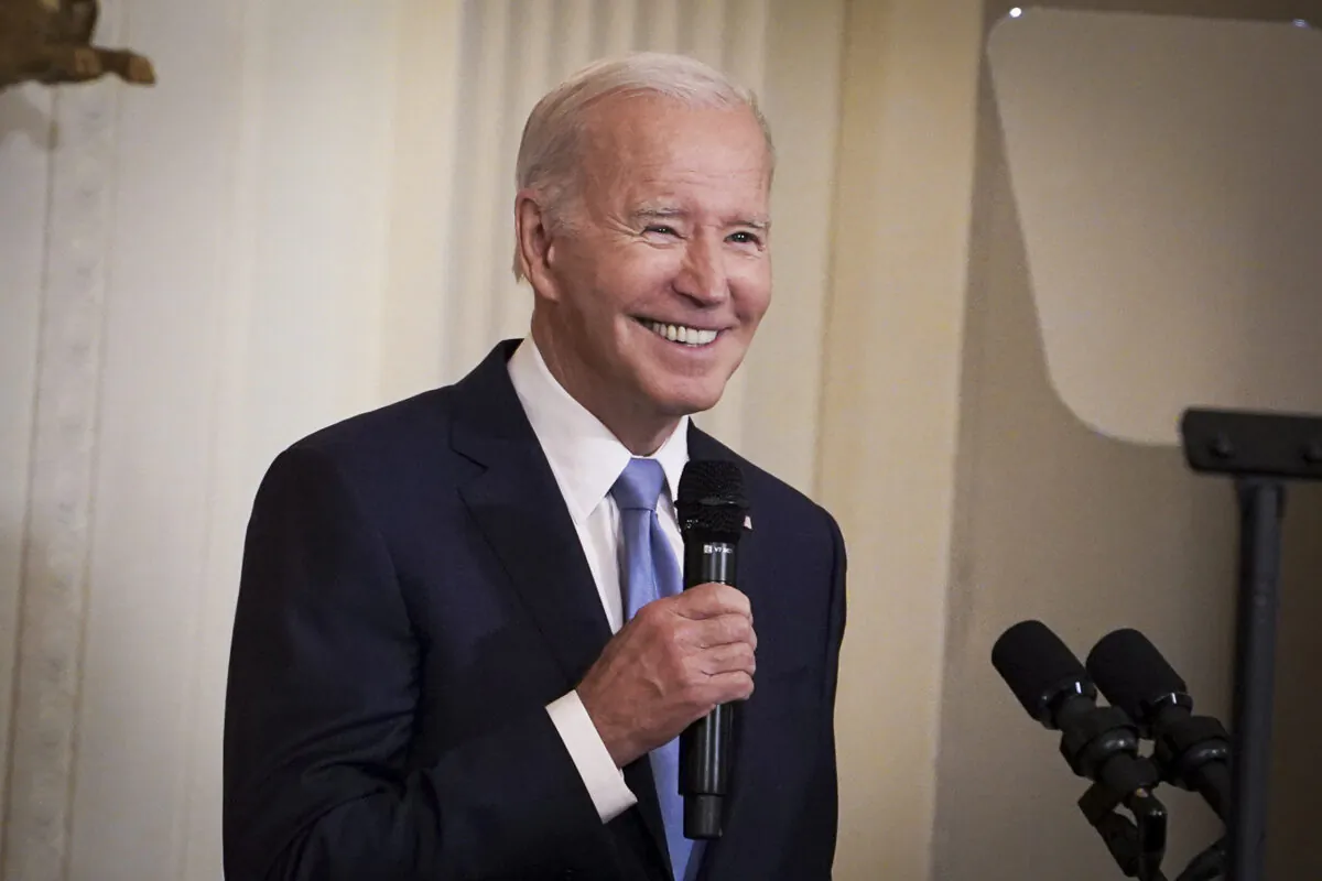U.S. President Joe Biden speaks at an event at the White House in Washington on May 8, 2023. (Madalina Vasiliu/The Epoch Times)