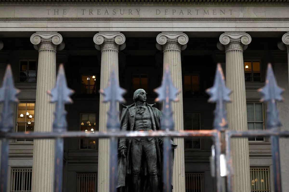 A statue of Alexander Hamilton is seen outside the US Department of Treasury building in Washington, on March 13, 2023. (Chip Somodevilla/Getty Images)