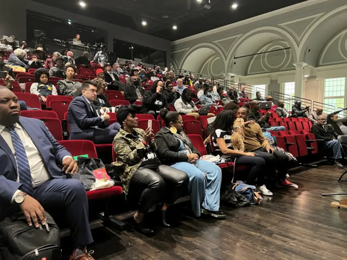 People listen to the California reparations task force, a nine-member committee studying restitution proposals for African Americans, at a meeting at Lesser Hall in Mills College at Northeastern University in Oakland, Calif., on May 6, 2023. (Sophie Austin/AP Photo)