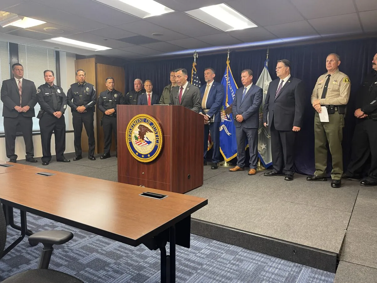 Law enforcement officials in Los Angeles Tuesday announced a dozen new federal cases targeting fentanyl dealers. (Adam Lin / Epoch Times)