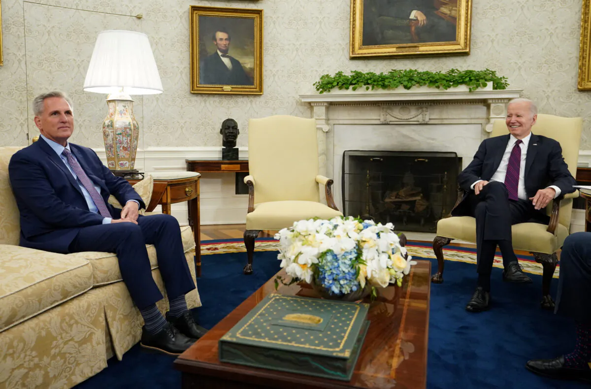 President Joe Biden hosts debt limit talks with House Speaker Kevin McCarthy (R-Calif.) and other congressional leaders in the Oval Office on May 9, 2023. (Kevin Lamarque/Reuters)