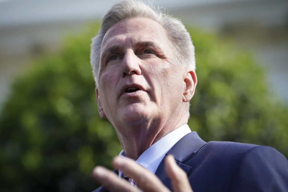 House Speaker Kevin McCarthy (R-Calif.) speaks to the press after meeting President Joe Biden and other leaders at the White House in Washington on May 9, 2023. (Madalina Vasiliu/The Epoch Times)