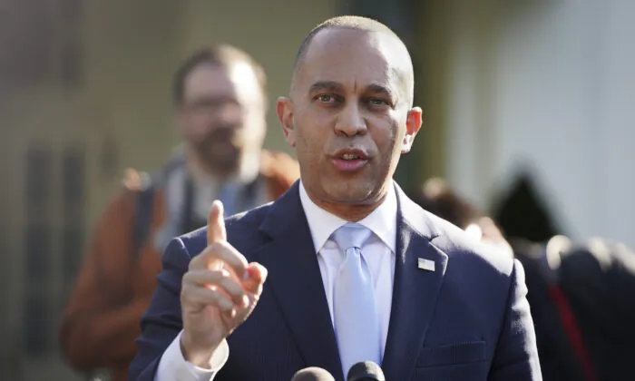 House Minority Leader Hakeem Jeffries (D-N.Y.) speaks to the press after meeting President Joe Biden and other leaders at the White House in Washington on May 9, 2023. (Madalina Vasiliu/The Epoch Times)