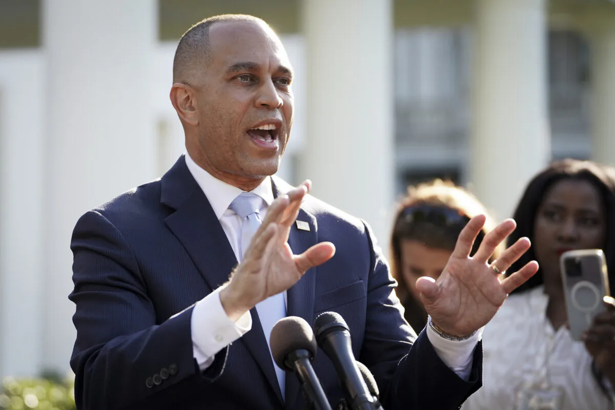 House Minority Leader Hakeem Jeffries (D-N.Y.) speaks to the press after meeting President Joe Biden and other leaders at the White House in Washington, on May 9, 2023. (Madalina Vasiliu/The Epoch Times)