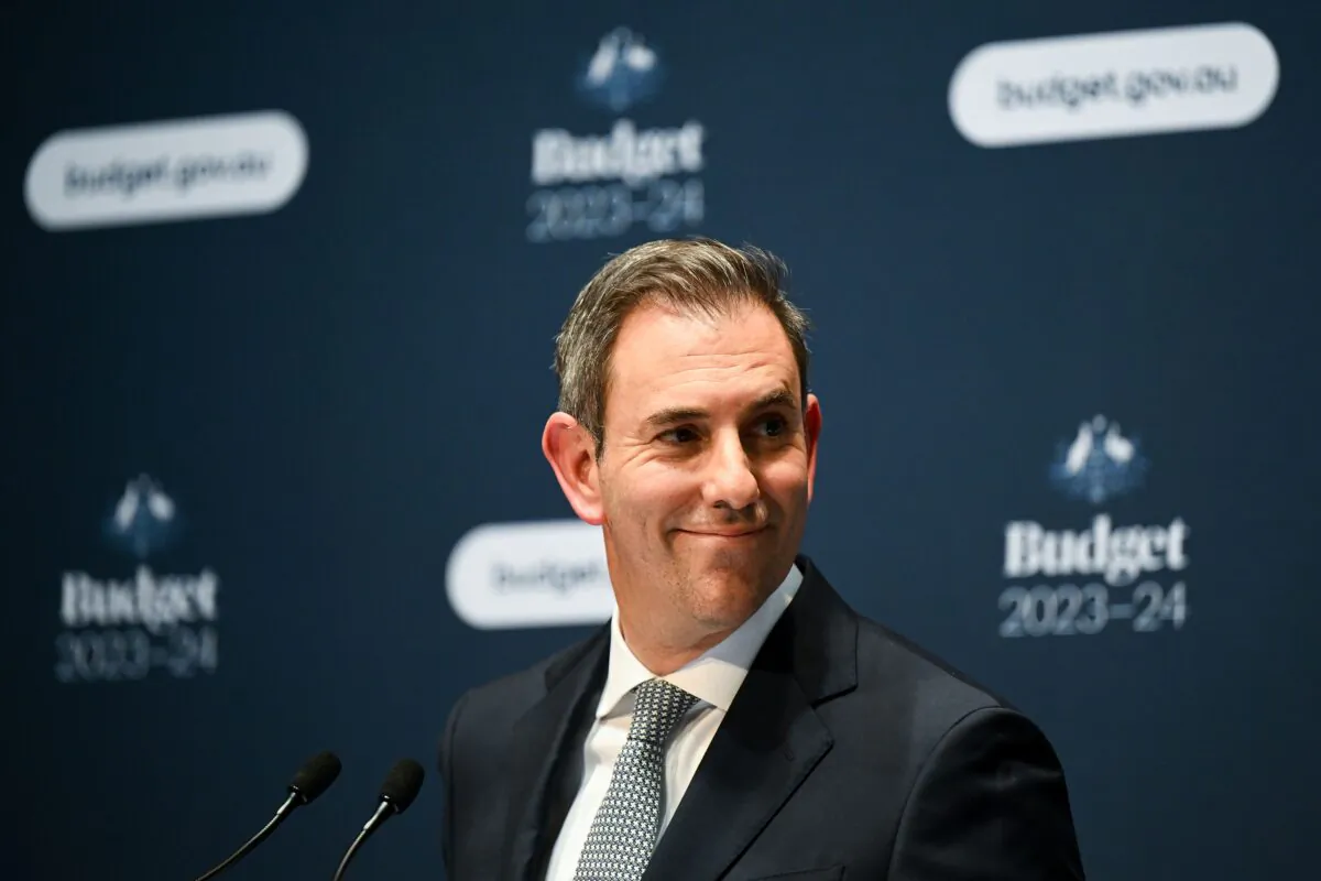 Australian Treasurer Jim Chalmers speaks at a press conference inside the Budget lockup at Parliament House in Canberra, Australia, on May 9, 2023. (AAP Image/Lukas Coch)