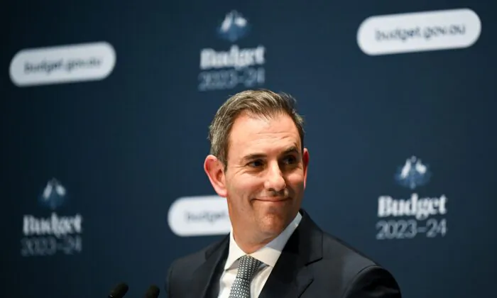 Australian Treasurer Jim Chalmers speaks at a press conference inside the Budget lockup at Parliament House in Canberra, Australia, on May 9, 2023. (AAP Image/Lukas Coch)