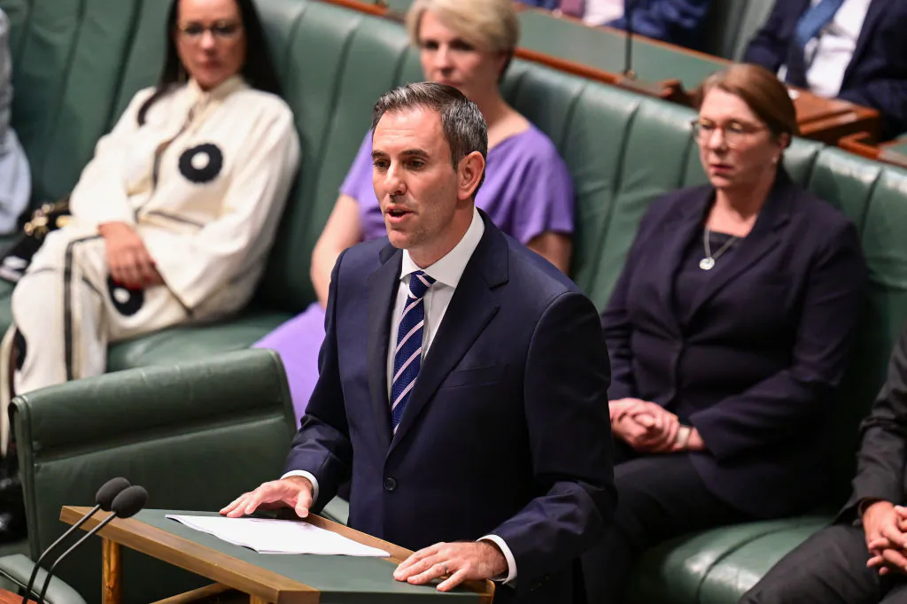 Treasurer Jim Chalmers hands down the 2023 Budget in the House of Representatives at Parliament House in Canberra, Australia on May 9, 2023. (Martin Ollman/Getty Images)