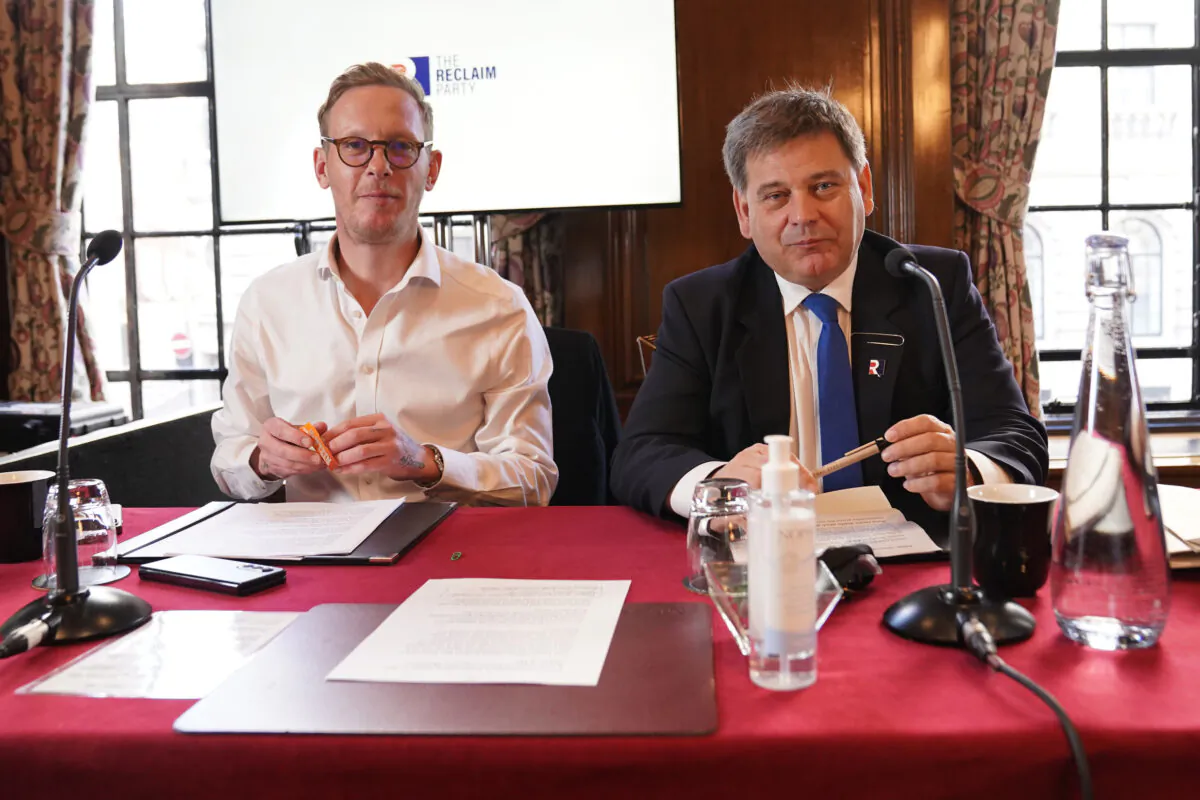 Laurence Fox (L) and Andrew Bridgen ahead of a Reclaim Party press conference in London, dated May 10, 2023. (Stefan Rousseau/PA Wire)