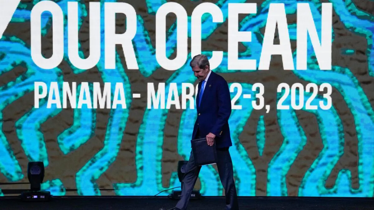 U.S. special presidential envoy for climate John Kerry walks away after addressing the Our Ocean meeting on its opening day at the Panama Convention Center in Panama City on March 2, 2023. (Arnulfo Franco/AP Photo)