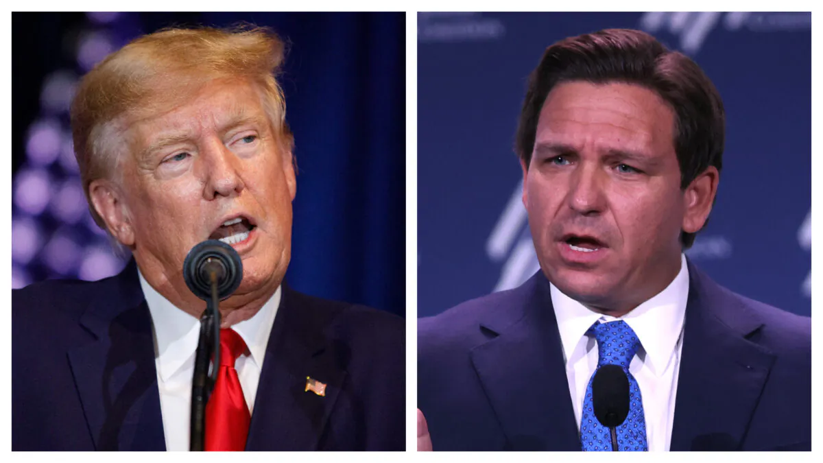 Former President Donald Trump (L) addresses the crowd during a 2024 election campaign event in Columbia, S.C., on Jan. 28, 2023. Florida Gov. Ron DeSantis (R) speaks to guests at the Republican Jewish Coalition Annual Leadership Meeting in Las Vegas on Nov. 19, 2022. (Logan Cyrus, Scott Olson/Getty Images)