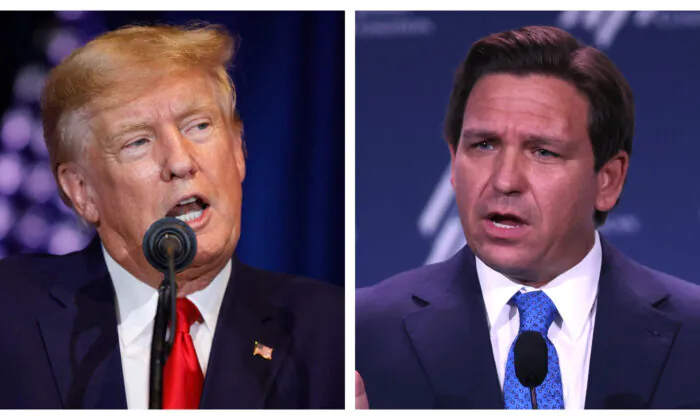 Former President Donald Trump (L) addresses the crowd during a 2024 election campaign event in Columbia, S.C., on Jan. 28, 2023. Florida Gov. Ron DeSantis (R) speaks to guests at the Republican Jewish Coalition Annual Leadership Meeting in Las Vegas on Nov. 19, 2022. (Logan Cyrus, Scott Olson/Getty Images)