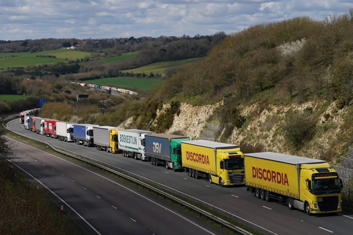 Lorries queue up on the A20 near Dover, Kent, England, on April 7, 2023. (PA)