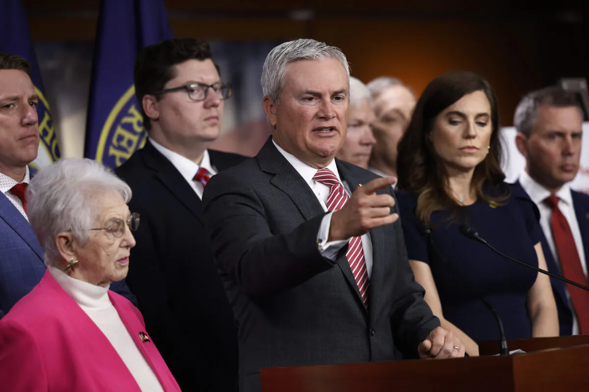 House Oversight and Accountability Committee Chairman James Comer (R-Ky.) and other Republican members of the committee hold a news conference to present preliminary findings into their investigation into President Joe Biden's family on May 10, 2023, in Washington. (Chip Somodevilla/Getty Images)