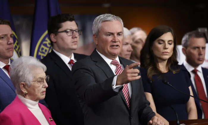 House Oversight and Accountability Committee Chairman James Comer (R-Ky.) and other Republican members of the committee hold a news conference to present preliminary findings into their investigation into President Joe Biden's family on May 10, 2023 in Washington. (Chip Somodevilla/Getty Images)