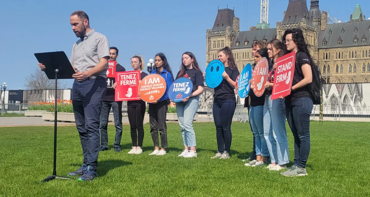 Members of the Campaign Life Coalition gather on Parliament Hill on May 10 ahead of the annual March For Life. (Matthew Horwood/The Epoch Times)