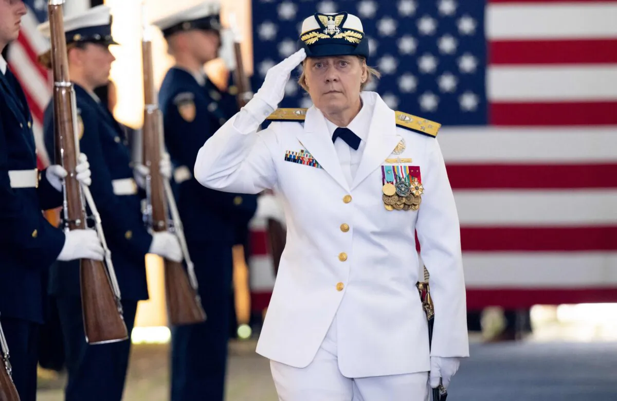 Adm. Linda Fagan arrives for the U.S. Coast Guard (USCG) change of command ceremony at USCG Headquarters in Washington on June 1, 2022. (Saul Loeb/AFP via Getty Images)