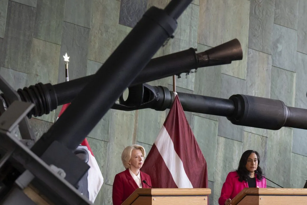 National Defence Minister Anita Anand and Latvian Defence Minister Inara Murniece hold a joint news conference at the Canadian War Museum, May 10, 2023 in Ottawa. (The Canadian Press/Adrian Wyld)
