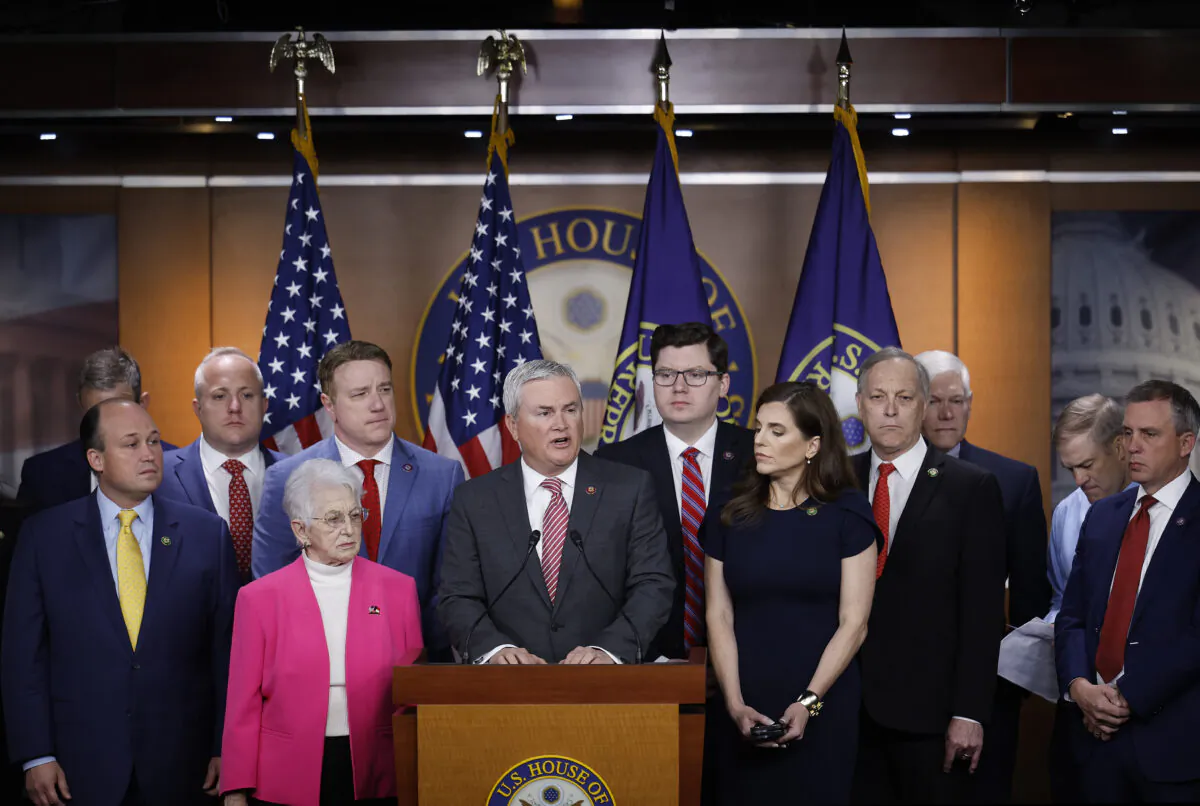 House Oversight and Accountability Committee Chairman James Comer (R-Ky.) (C) and other Republican members of the committee hold a news conference to present preliminary findings into their investigation into President Joe Biden's family on May 10, 2023, in Washington. (Chip Somodevilla/Getty Images)