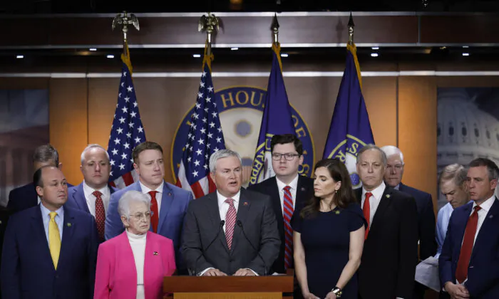 House Oversight and Accountability Committee Chairman James Comer (R-Ky.) and other Republican members of the committee hold a news conference to present preliminary findings into their investigation into President Joe Biden's family on May 10, 2023, in Washington. (Chip Somodevilla/Getty Images)