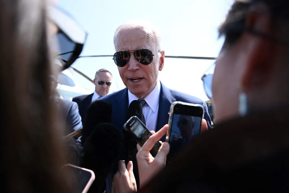 President Joe Biden speaks to reporters at Westchester County Airport in White Plains, New York, on May 10, 2023. (Brendan Smialowski/AFP via Getty Images)