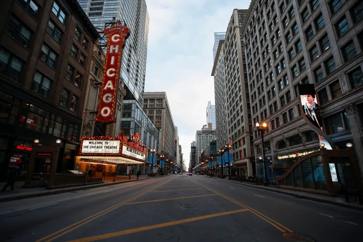 Closed Chicago Theatre in Chicago on March 21, 2020. (Kamil Krzaczynski/AFP via Getty Images)