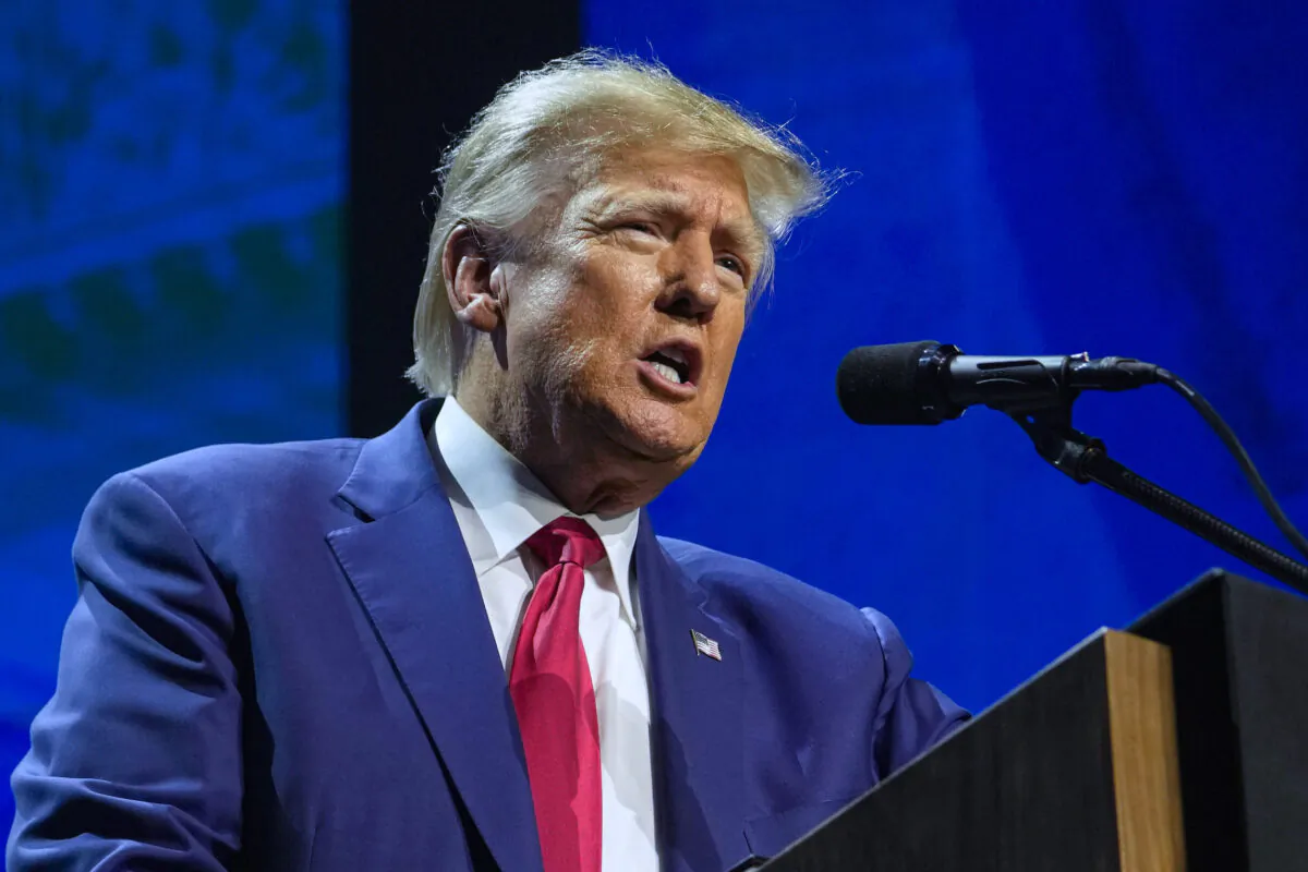 Former President Donald Trump speaks at the National Rifle Association Convention in Indianapolis, on April 14, 2023. (Michael Conroy/AP Photo)